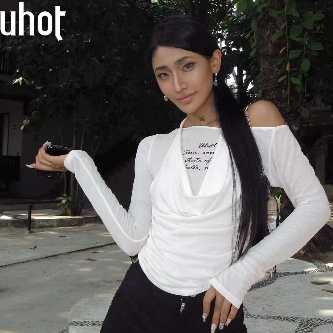 UHOT/诱货设计师品牌25秋 白色斜肩挂脖设计感上衣