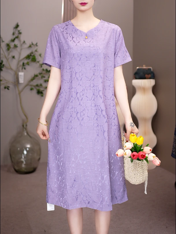 2027  【紫色花萝】气质直筒遮肚子连衣裙