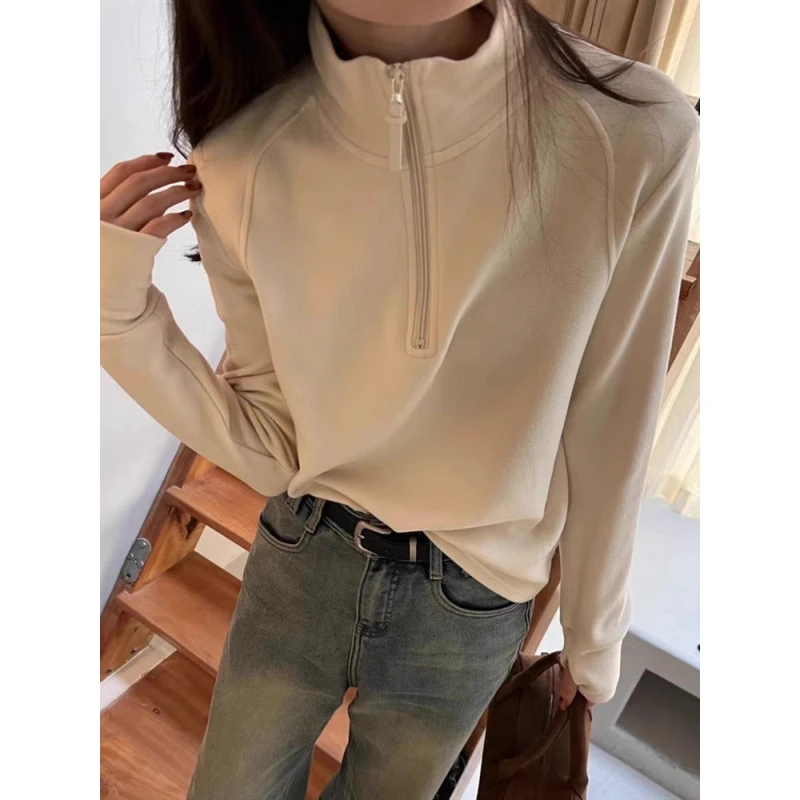 立领加绒卫衣女双面德绒打底衫2025新款秋冬设计感半拉链长袖上衣