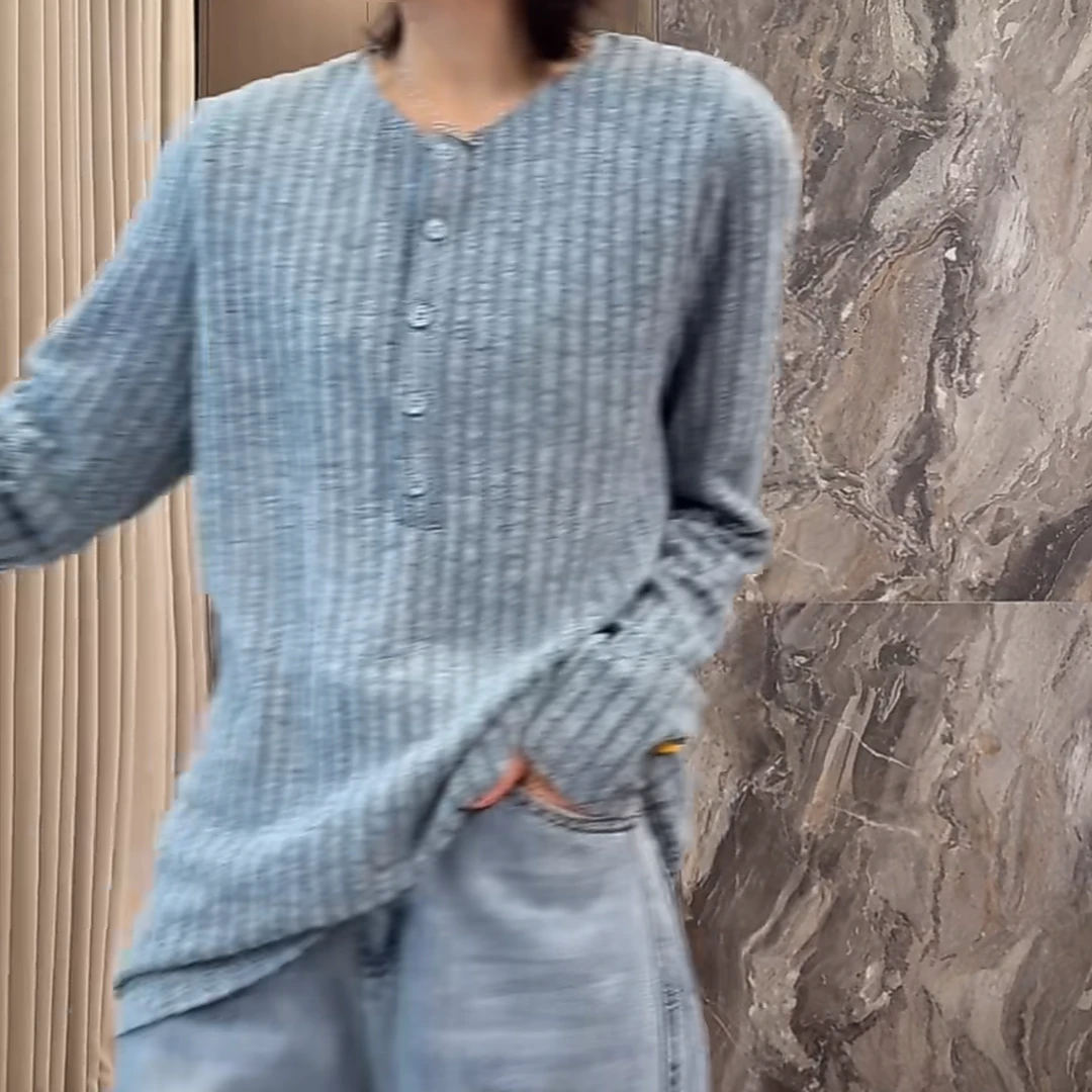 气质温柔软糯亲肤蕾丝拼接V领针织上衣2025新款早春长袖翻领休闲