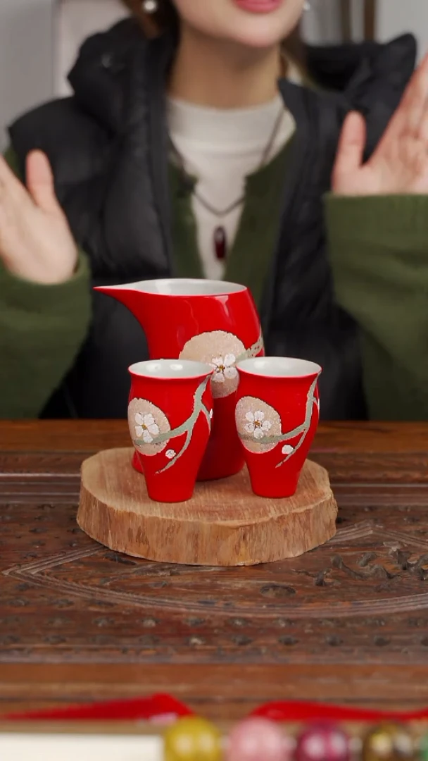 漆器蛋壳十里红梅花单杯