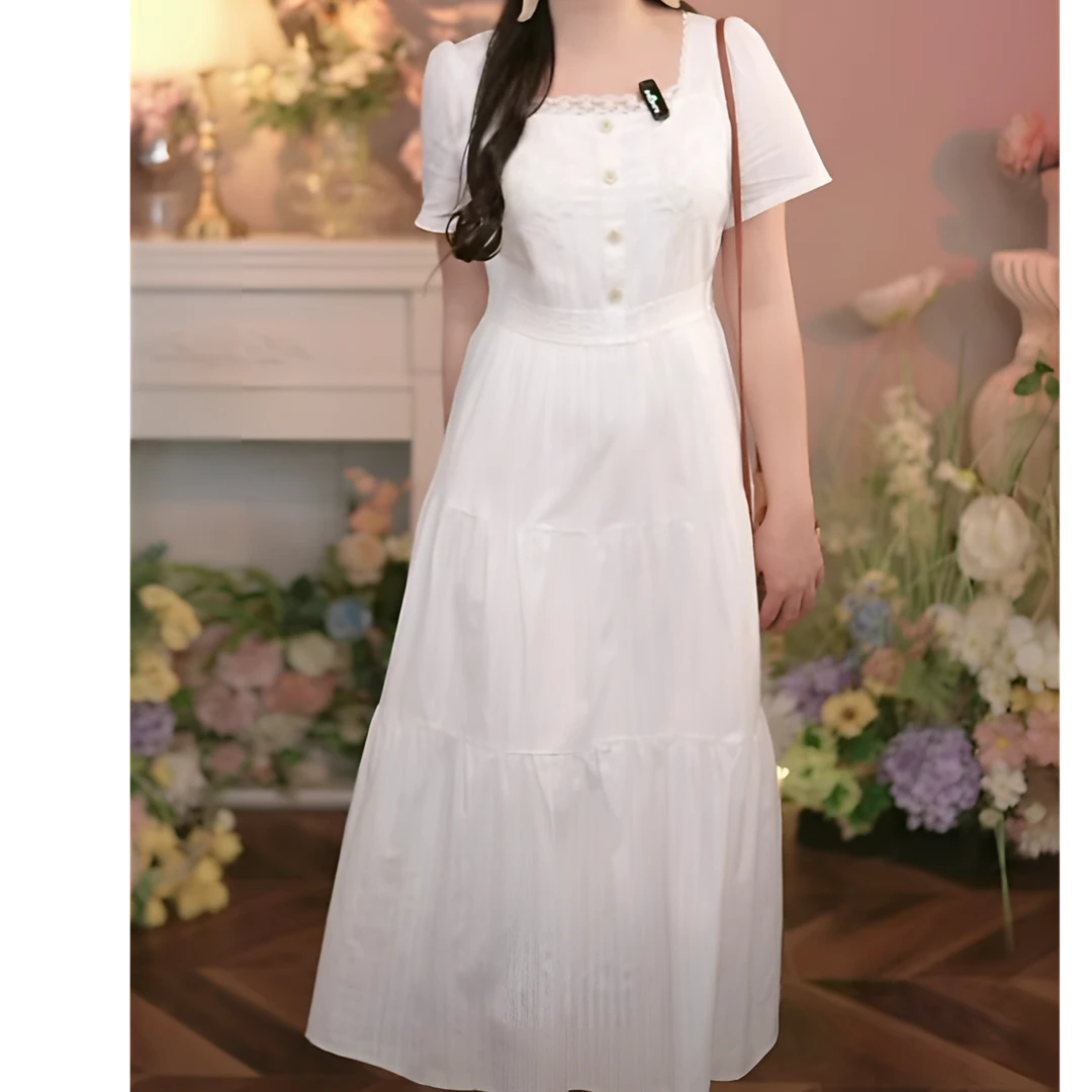 夏季甜美小众法式显瘦短袖气质白色裙子方领初恋时尚蕾丝连衣裙