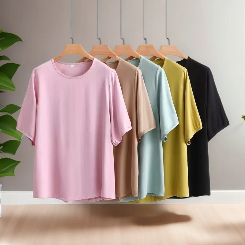 圆领百搭人造棉宽松衬衫女装外穿t恤简约绵绸短袖上衣2025夏新款
