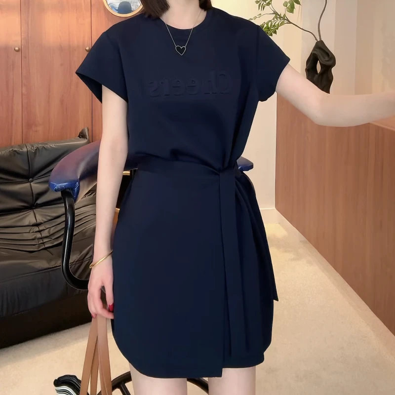 设计感立体字母圆领连衣裙女绑带宽松显瘦 a 字短裙春季LK2502896