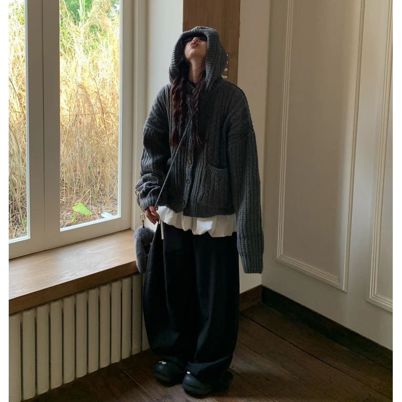 美式复古麻花连帽毛衣男女同款秋冬新款慵懒风宽松针织开衫外套