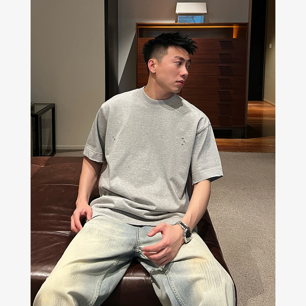 YIHAO STUDIO新款男士纯棉休闲T恤时尚磨破百搭宽松纯色短袖