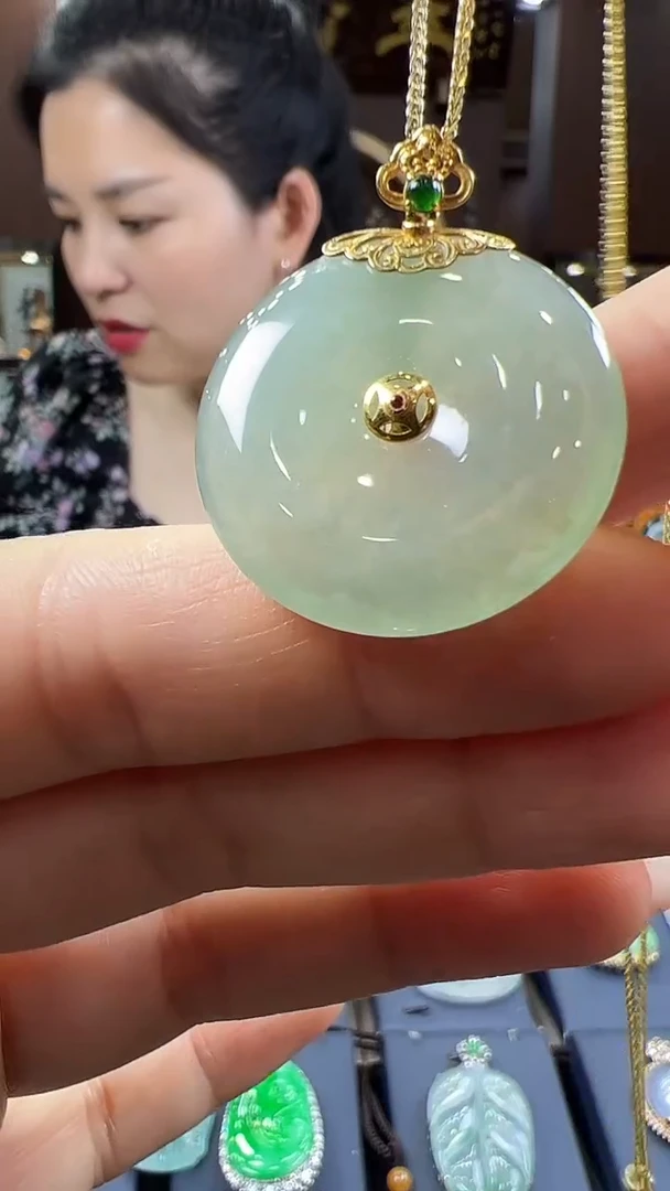 翡翠挂件18K金镶嵌平安扣不含链