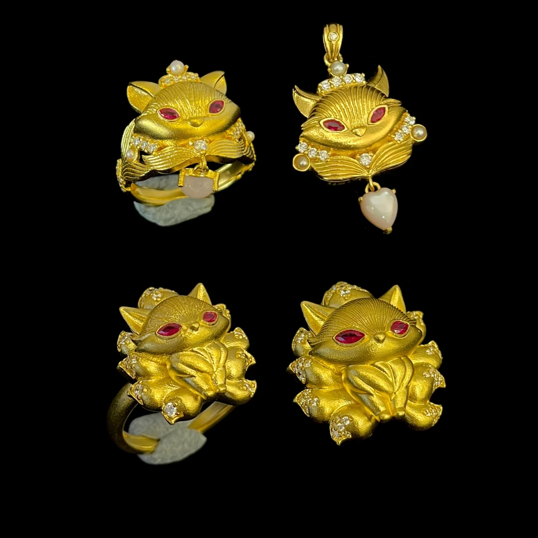 足金999九尾狐苏妲己小狐狸戒指吊坠套系