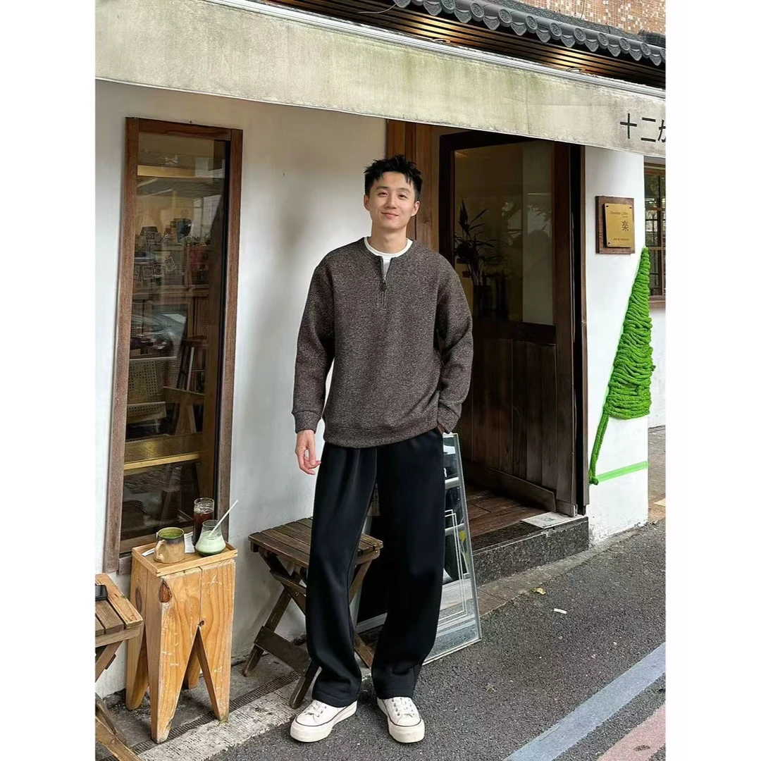 BIG林 “老钱风”加绒简奢雪花针织呢半拉链假两件加厚混羊毛卫衣