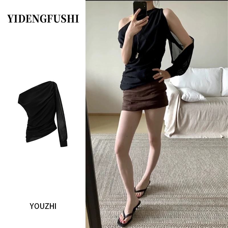 YIDENG2025辣妹风斜领露肩长袖T恤设计感不对称修身收腰女上衣潮