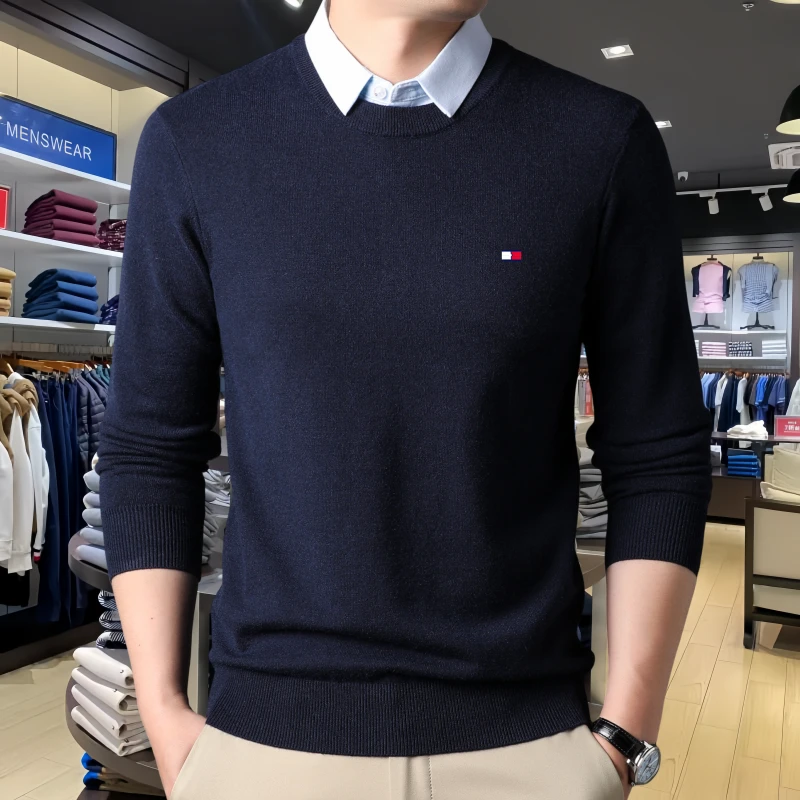 Tommy汤米男士假两件毛衣秋冬中年商务休闲男装衬衫领羊毛打底衫