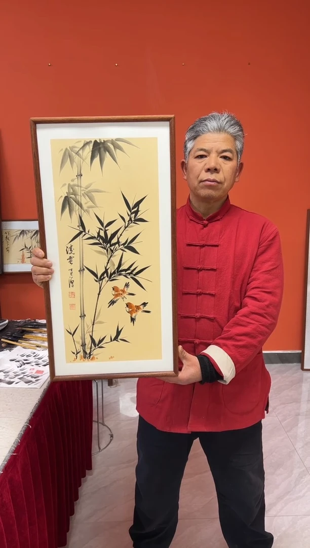 书法张富民手绘作品/凌云//古宣（乌檀木外框）36*69cm左右