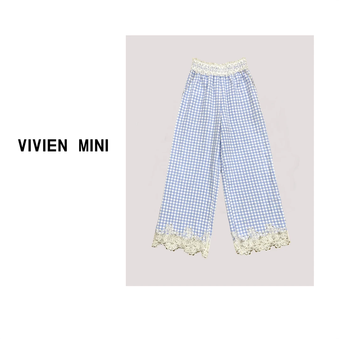 【VIVIEN MINI】时尚轻奢洋气显高百搭直筒宽松重工烫钻格子休闲裤