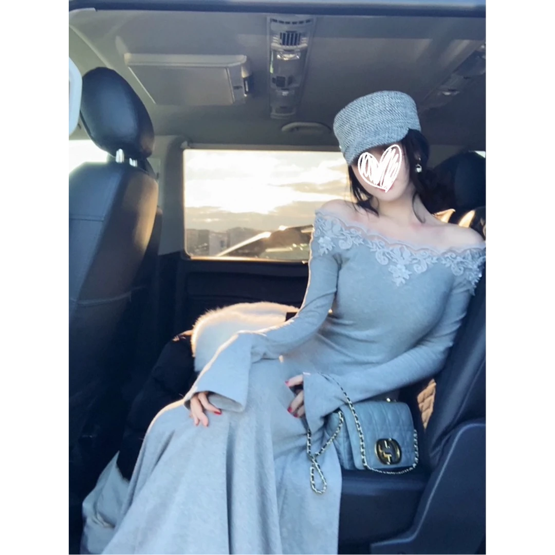 2025秋季新款高级感气质刺绣蕾丝两穿U领针织连衣裙女D889