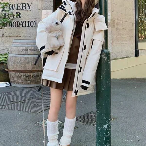 韩版工装连帽女2025冬季新款宽松款爆款外套