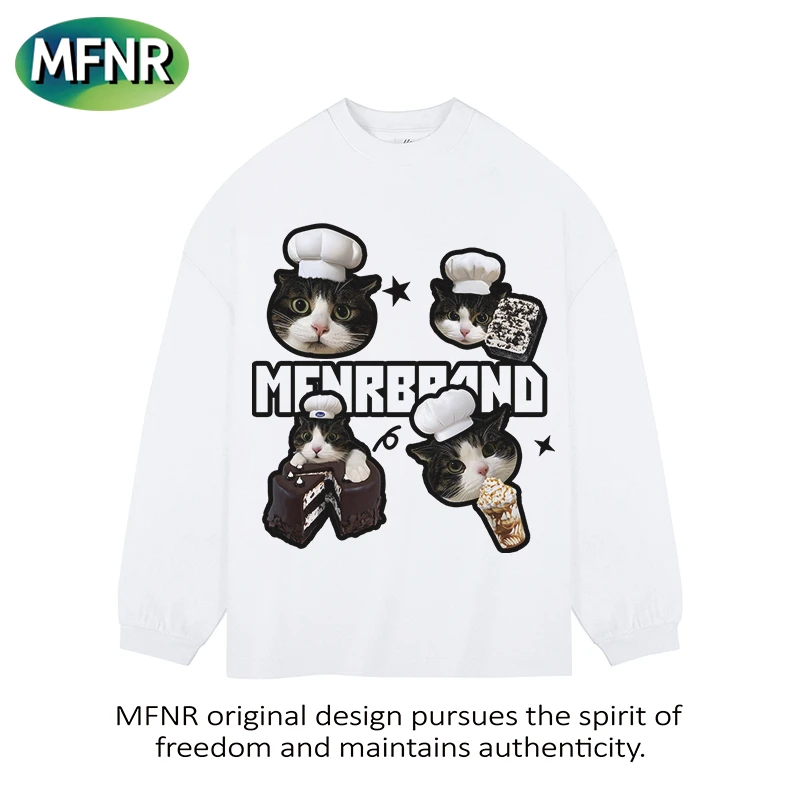 秋季新款趣味小猫印花长袖T恤男女百搭重磅纯棉宽松休闲打底上衣