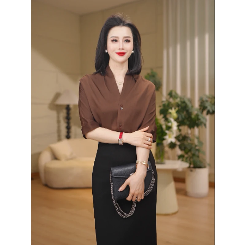 【知遇】100真丝V领中袖衬衫0206