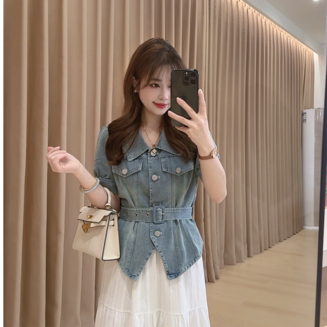 奈奈妮【精选集】牛仔上衣设计感复古气质韩版洋气（带腰带)2502