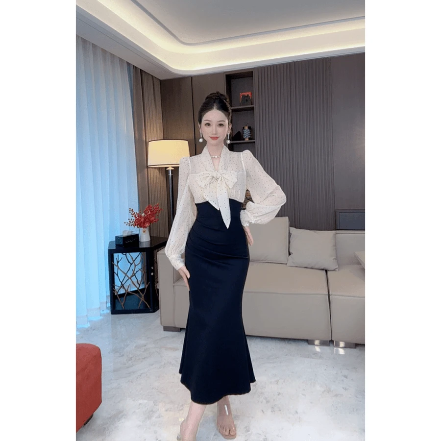 时尚法式显瘦女装长袖设计感拼接连衣裙LJ0094