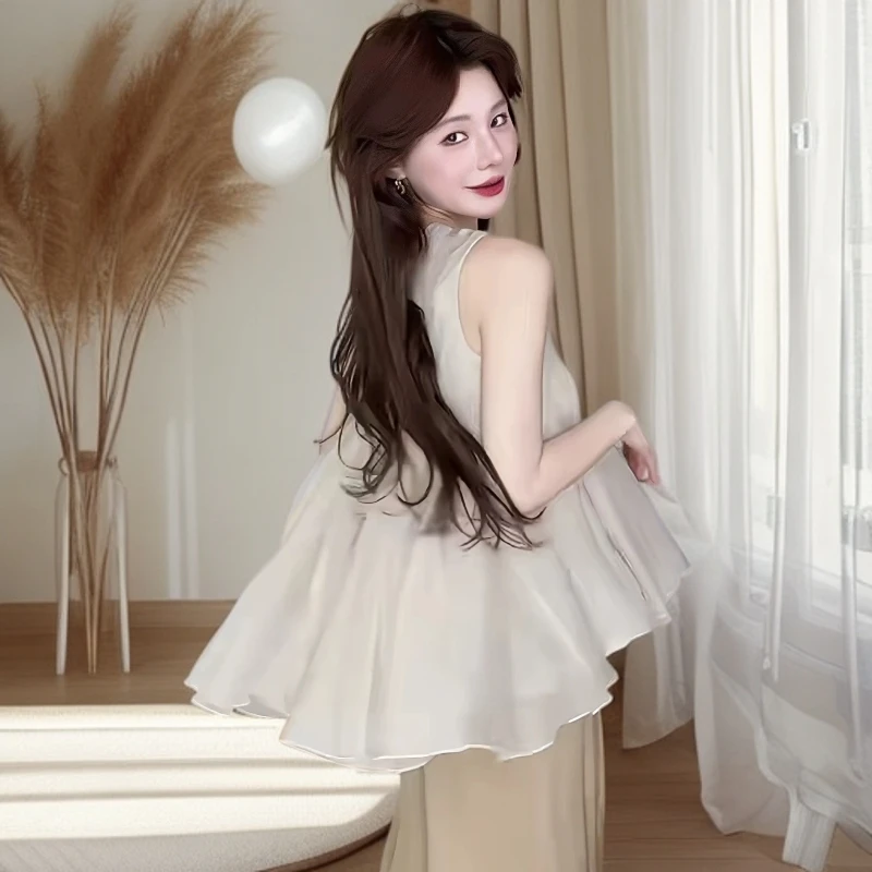 孕妇装夏季新款气质温柔无袖背心上衣压褶网纱荷叶边娃娃衫小衫夏