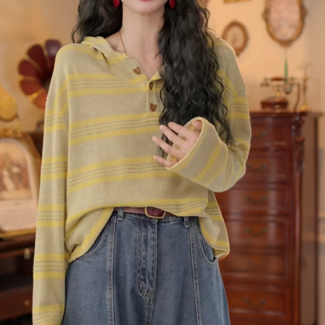 【柳风光影】秋季港风复古条纹毛针织衫女显瘦百搭上衣LK2505539