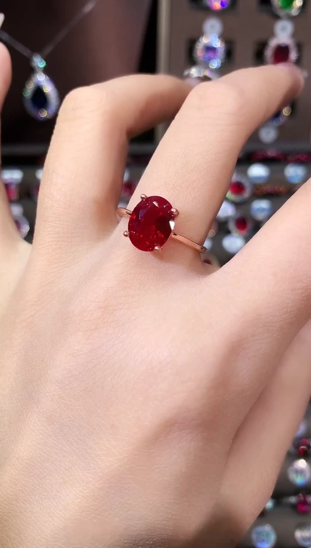 银S925镶嵌戒指红宝石810玫瑰金酒红