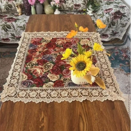 ZN163-3红玫瑰【60*60】红玫瑰棉麻交织布桌布