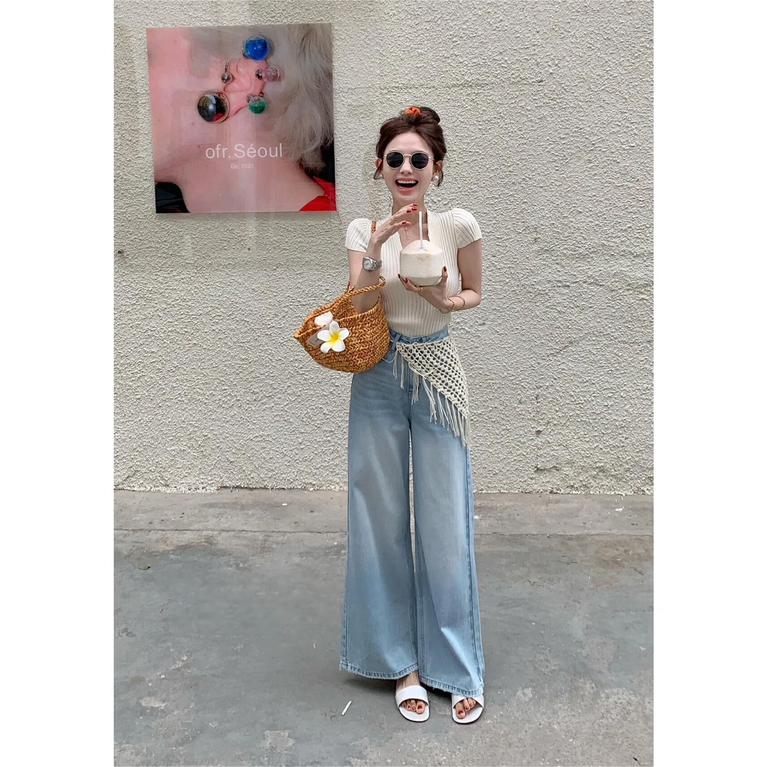 流苏搭配秋季新款百搭牛仔裤女宽松直筒阔腿牛仔裤5566