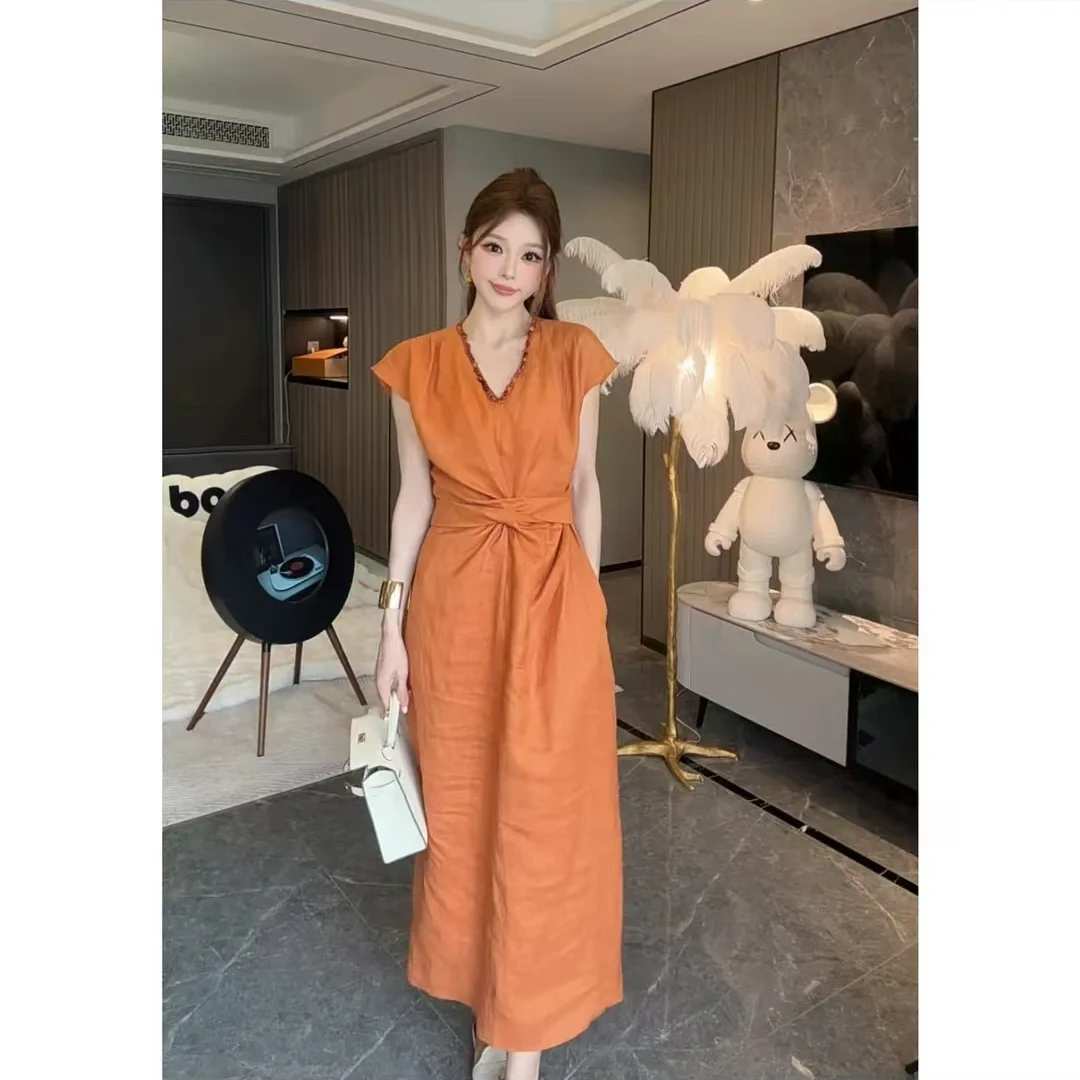 夏季新款半截袖V领减龄长裙老钱风宽松显瘦气质连衣裙8159