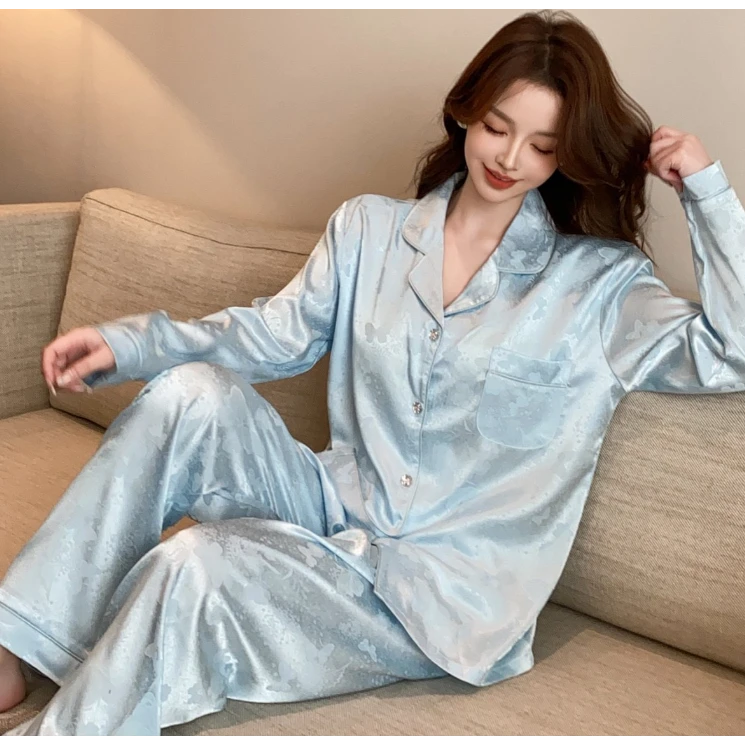 春季睡衣女士开衫长袖长裤休闲纯色家居服套装减龄显瘦可外穿睡衣