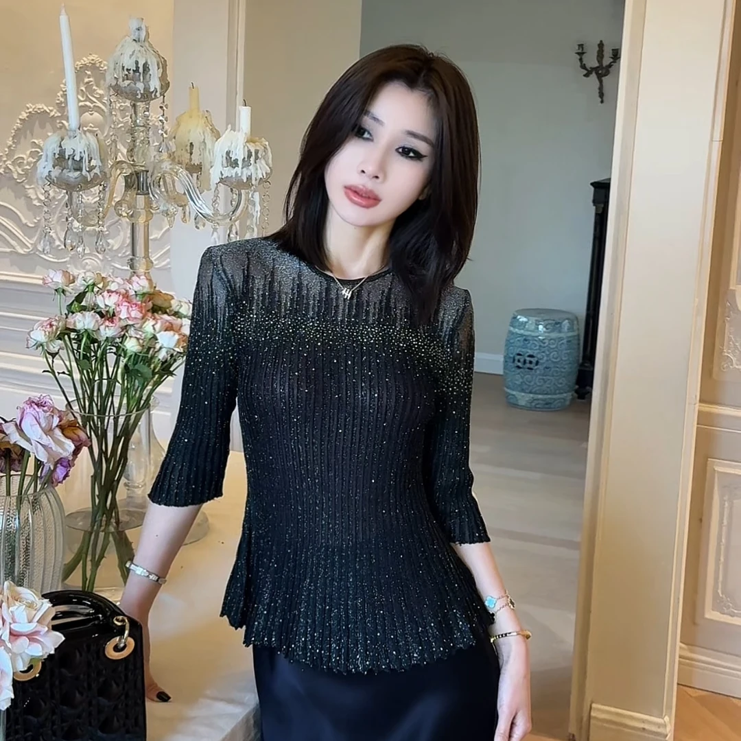 LUXURYMEMO【巴黎】黑色重工烫钻亮闪闪桑蚕丝上衣