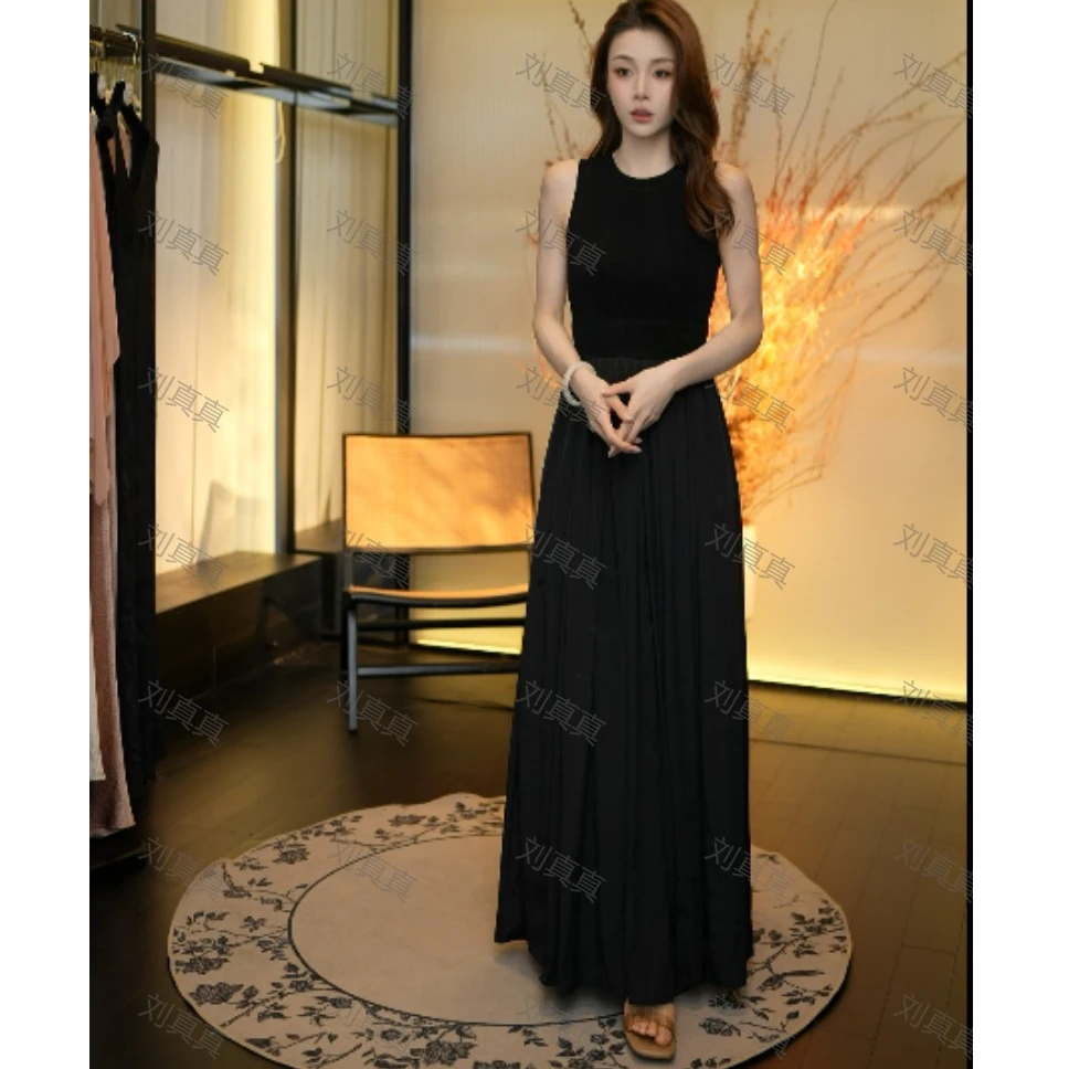 【刘真真超模裙】Z499 林林法式无袖高腰拼接连衣裙气质ZJ 禁机洗