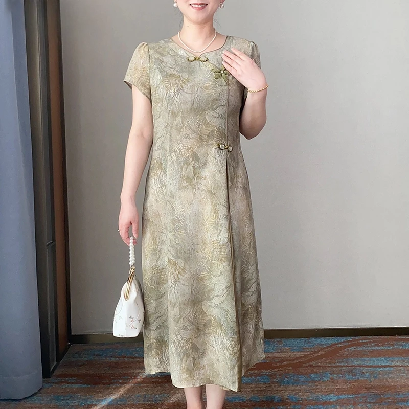 妈妈夏装新中式连衣裙中年女洋气短袖裙中老年时尚减龄长裙25A88