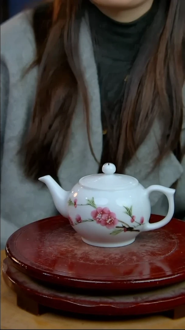 摆件陶景德镇陶瓷摆件水点桃花手把壶