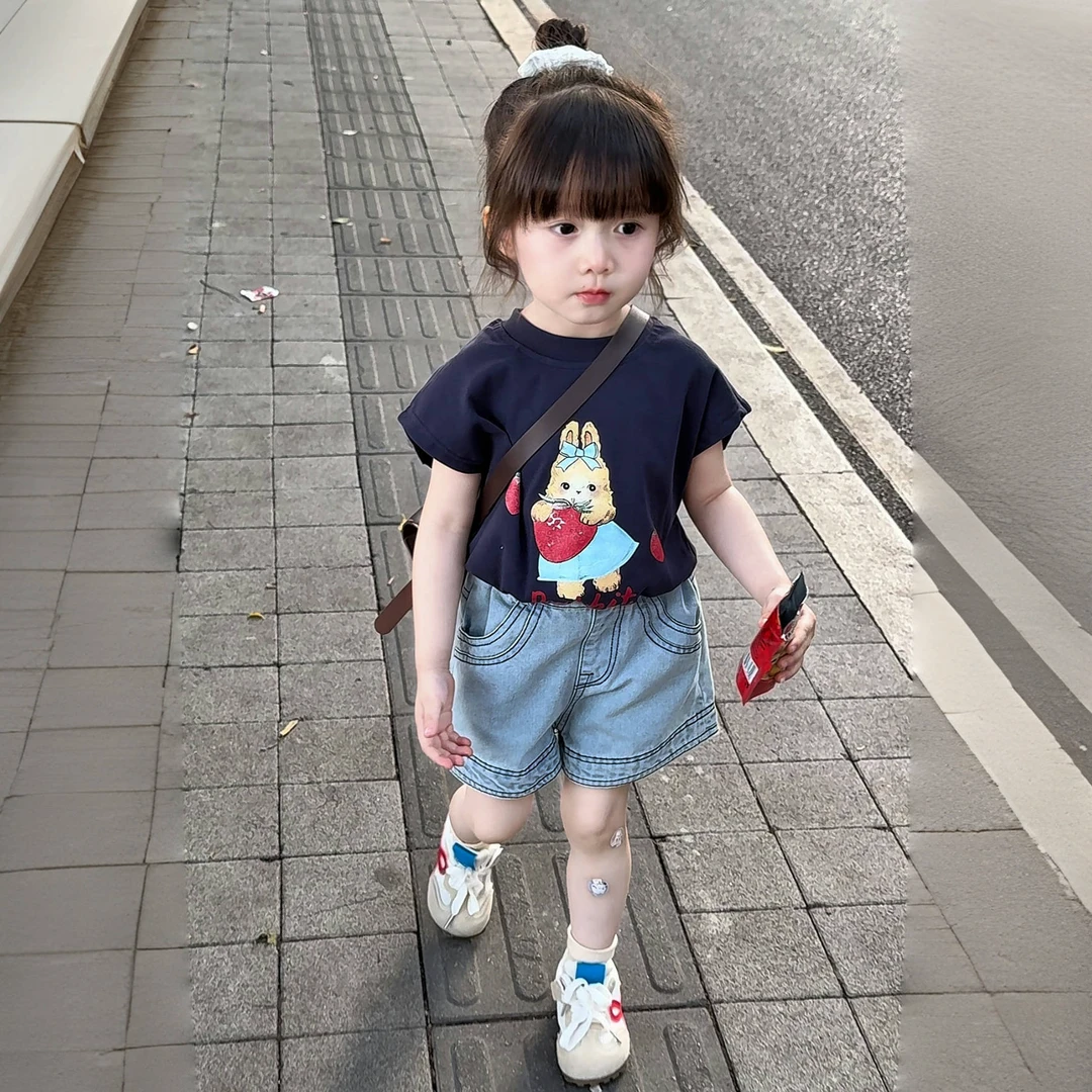 25夏季款女童韩系可爱卡通露背短款T恤女宝百搭高腰纯色儿童衣服