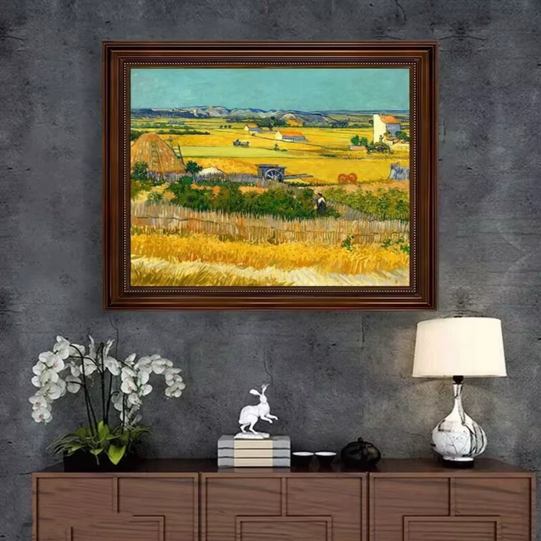 欧框梵高砂岩麦浪装饰画入户玄关美式客厅餐厅挂画欧式背景画6080