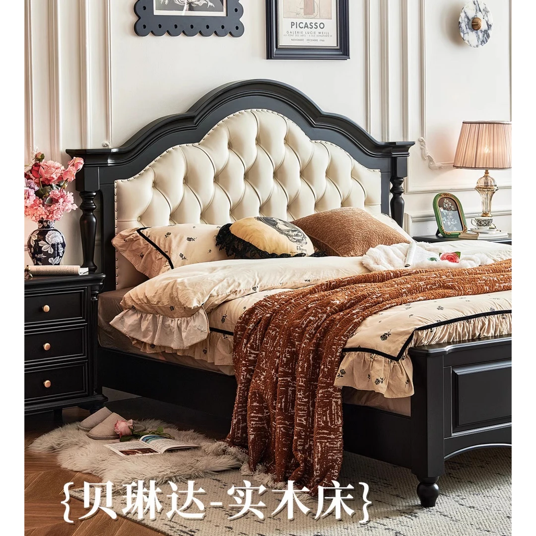 中古风实木真皮软包床全实木核桃木头层牛皮复古风黑色卧室箱体床