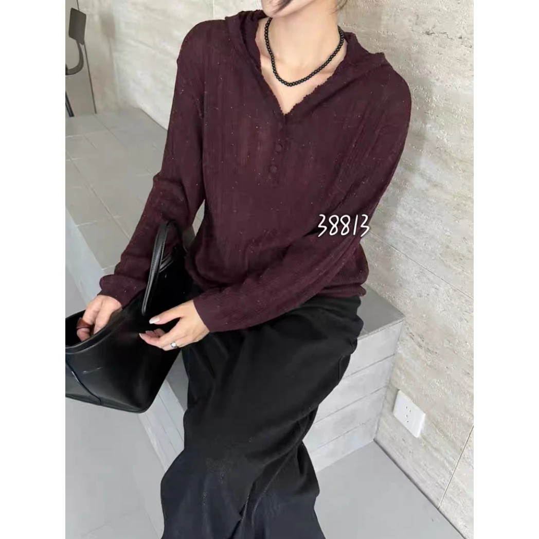 3360【钩花款彩点帽衫】秋季新款女士针织衫宽松外穿带帽毛衣