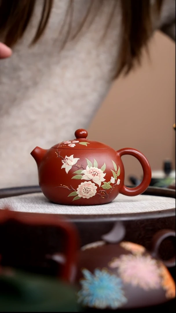 茶壶紫砂朱泥西施泥绘三花