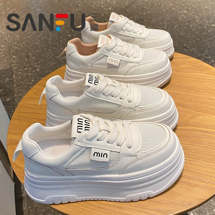 三福网面小白鞋女2025年春夏季新款轻便百搭厚底增高透气运动板鞋