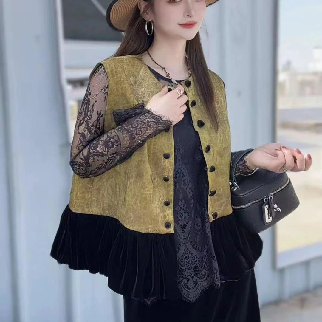 高品质新中式撞色拼接提花丝绒马甲女秋季新款时尚圆领单排扣坎肩