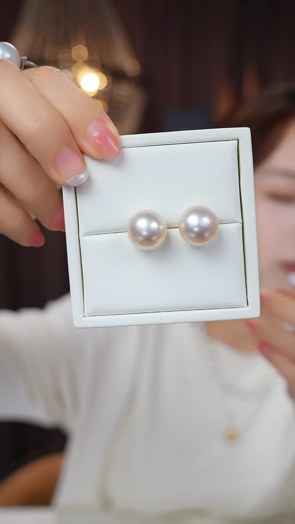 18K金镶嵌耳钉海水珍珠干枯玫瑰13-14mm