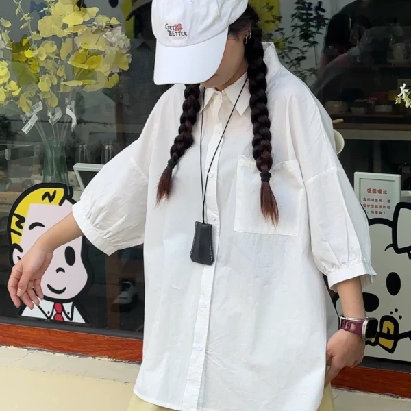 【赵哈哈】短袖翻领衬衫纯色日系宽松百搭夏季新款文艺风衬衣小衫