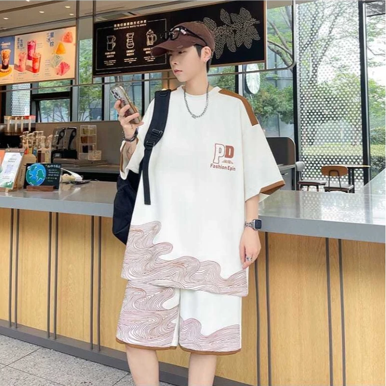 设计感套装男夏季休闲运动冰丝短袖短裤男装一套搭帅气青少年衣服