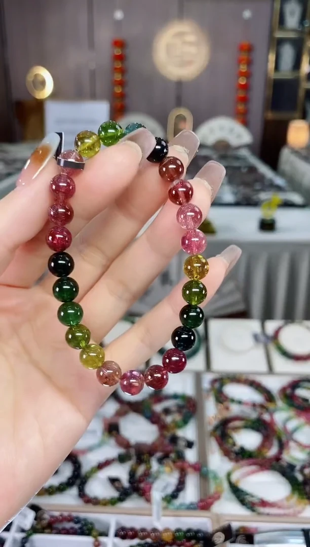 老矿碧玺色标彩虹透体单圈手串7mm+未镶嵌碧玺dan多样性发货一条