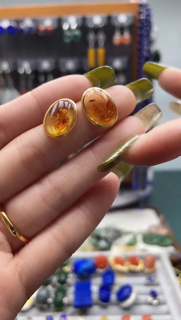 【闪购商品】琥珀（花珀）耳饰银S925镶嵌饰品