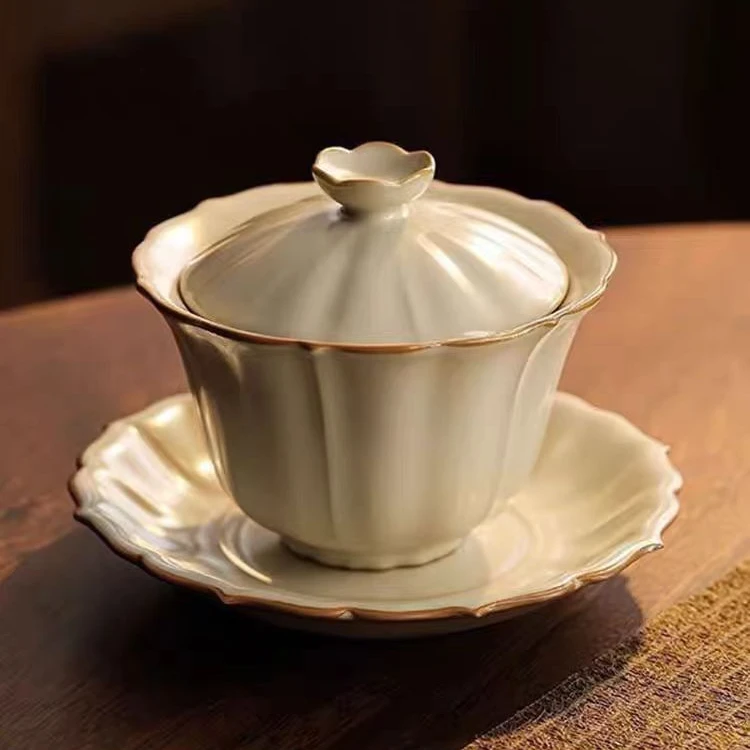 陈培名米黄汝窑莲花三才大容量盖碗