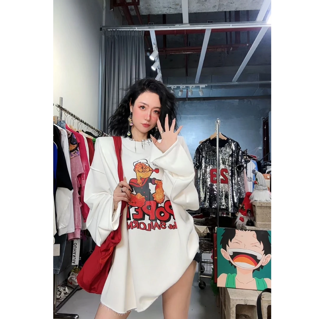 奇奇家 加厚磨毛大力水手大版白色T恤