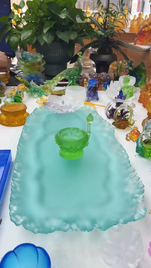 手工艺品琉璃绿色莲花烛台9*7公分