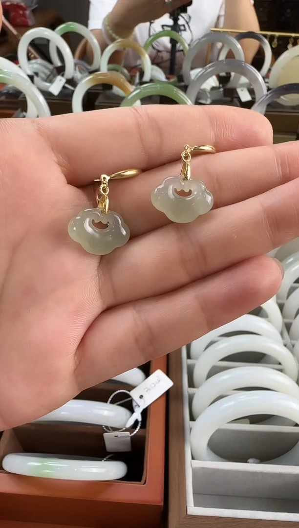 和田玉银S925镀金镶嵌耳饰如意平安耳饰